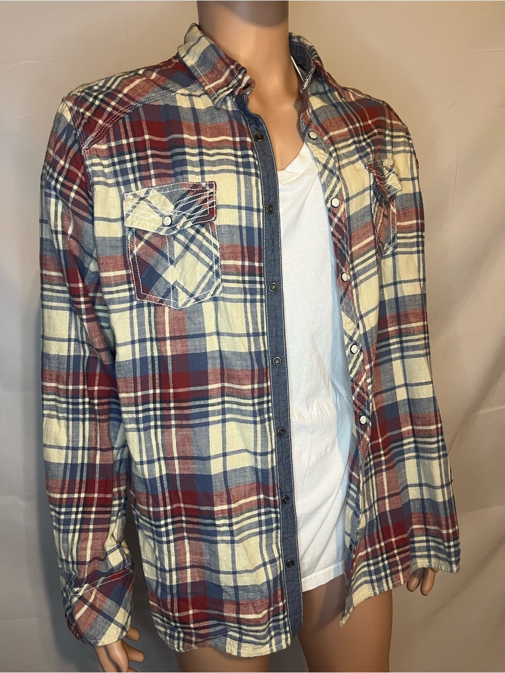 BKE Men's Plaid Button-Down Shirt in Red, Blue & Cream